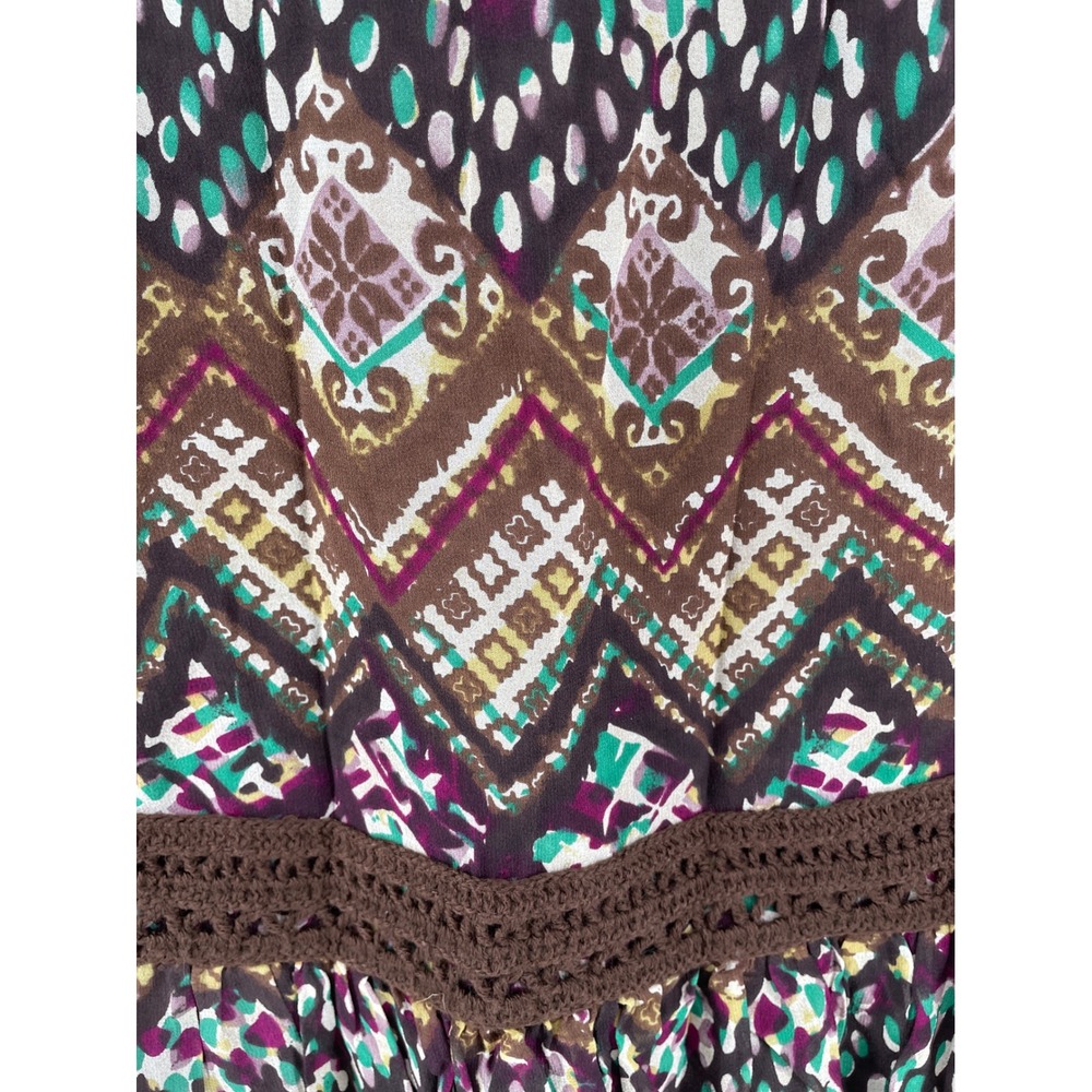 Harold's Silk Tiered Midi Skirt Women 2 Brown Western Boho Artsy Crochet Trim - Picture 3 of 7